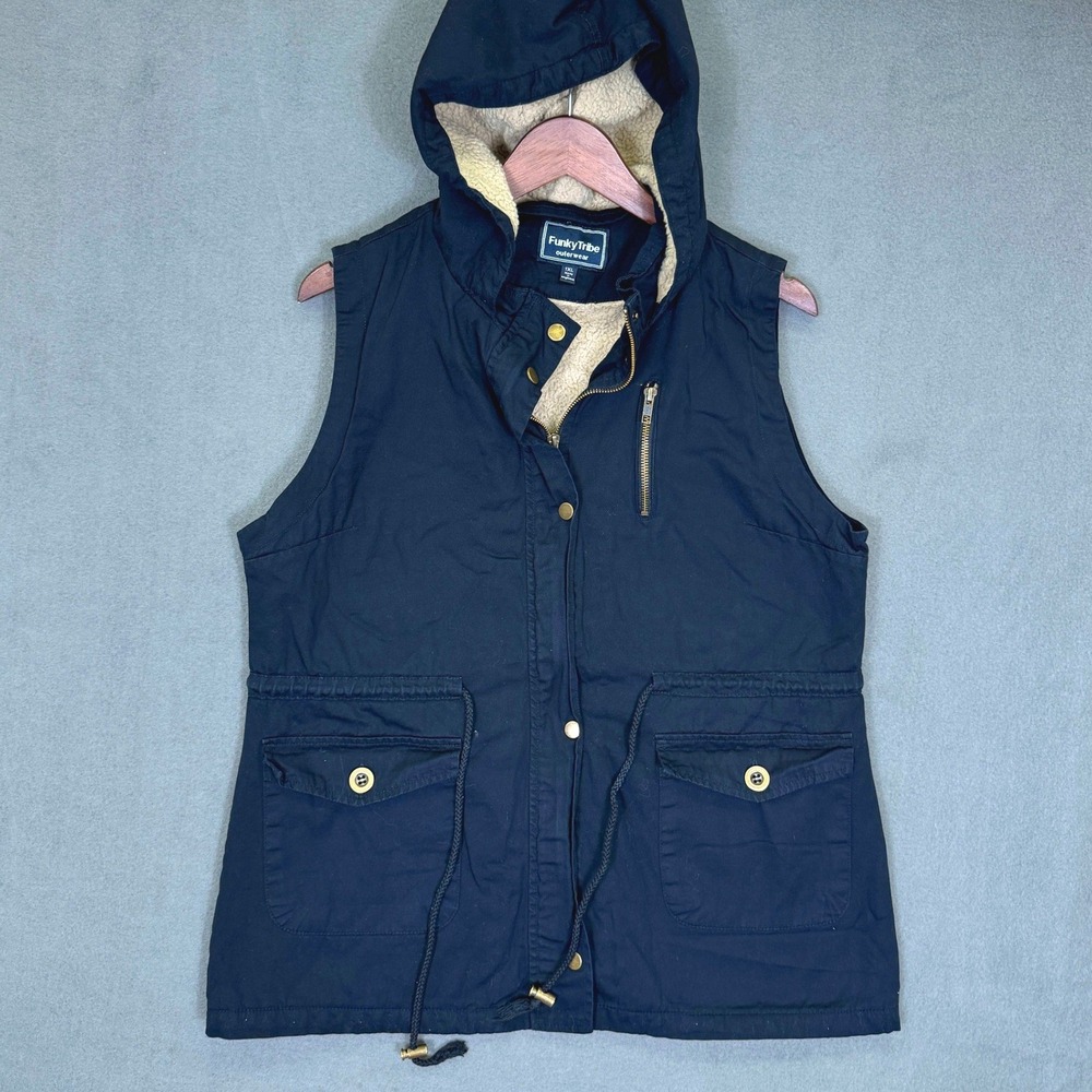 Funky Tribe Utility Vest Women 1XL Black Hooded Cotton Sherpa Lined Cargo Pocket